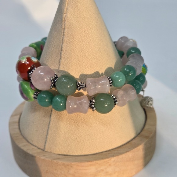Designer BJ Sterling Silver Jade Cloisonne Bead Wrap Bracelet One Size